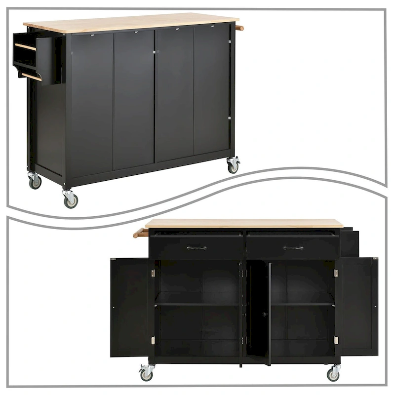Classic Wooden Kitchen Island Cart with 2 Drawers, 2 Cabinets, a Towel Rack and a Spice Rack