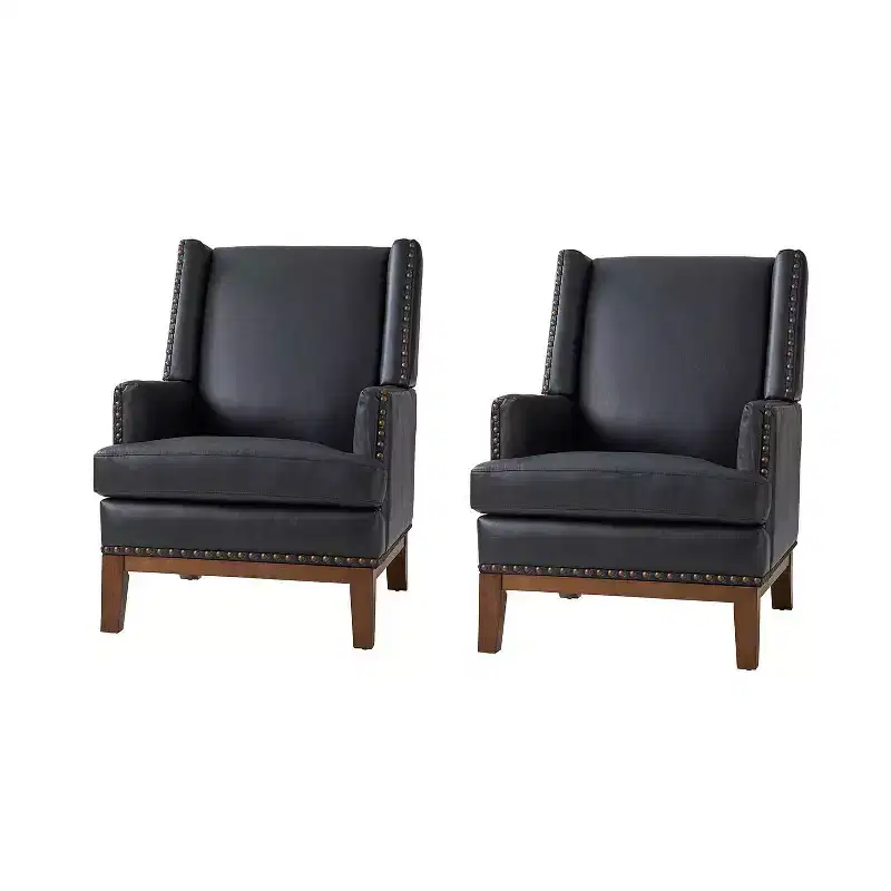 Pedro Genuine Leather Arm Chair with Solid Wood Frame and Removable Seat Cushion Set of 2|ART OF LIVING DESIGNS