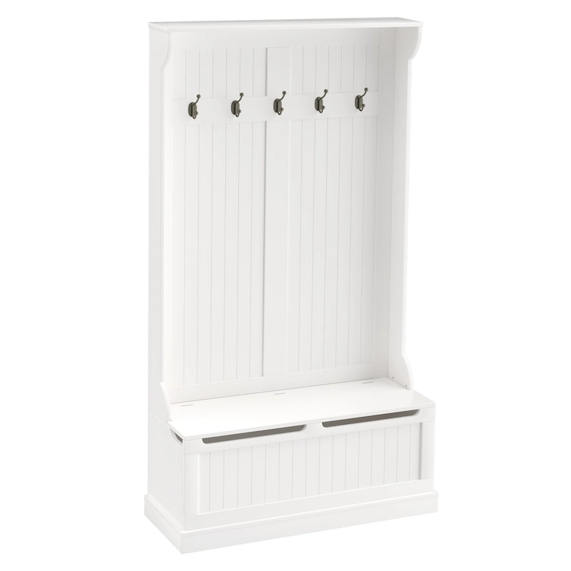 38 3-In-1 Entryway Hall Tree with Storage Bench, Coat Rack with Four Hooks and Shoe Storage, White