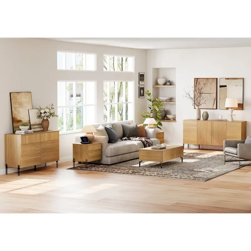 4-Piece Bedroom Furniture Set - Fluted 6 Drawer Dresser, Buffet Sideboard & 2 Nightstands with Charging Station, Oak
