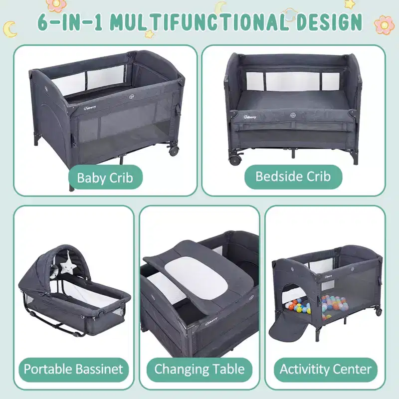 Acekool 5-in-1 Pack and Play Bedside Sleeper with Bassinet, Diaper Changer & Toy, Portable Crib Playard for Newborn to Toddler, Grey