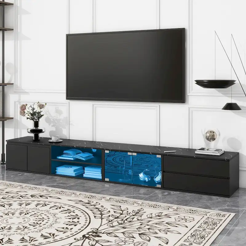 LED TV Stand for TVs Up to 105,Media Console with Tempered Glass Doors, Entertainment Center with 2 Drawers & Cabinets