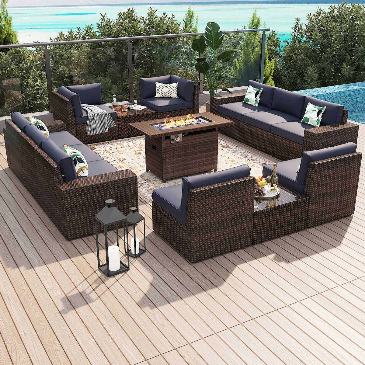 13 Pieces Patio Furniture Set with 44Fire Pit Table