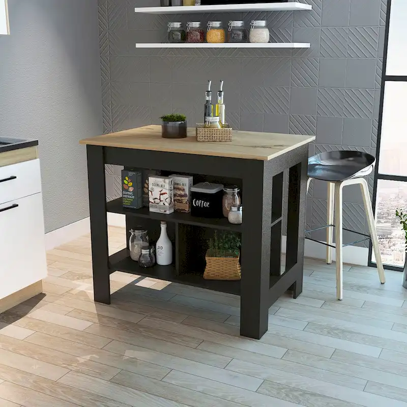 Rockaway 3-Shelf Kitchen Island Black Wengue and Light Oak