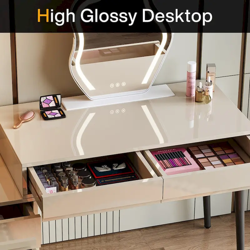 Reversible Computer Desk with 5 Drawers & Printer Stand – High Gloss White