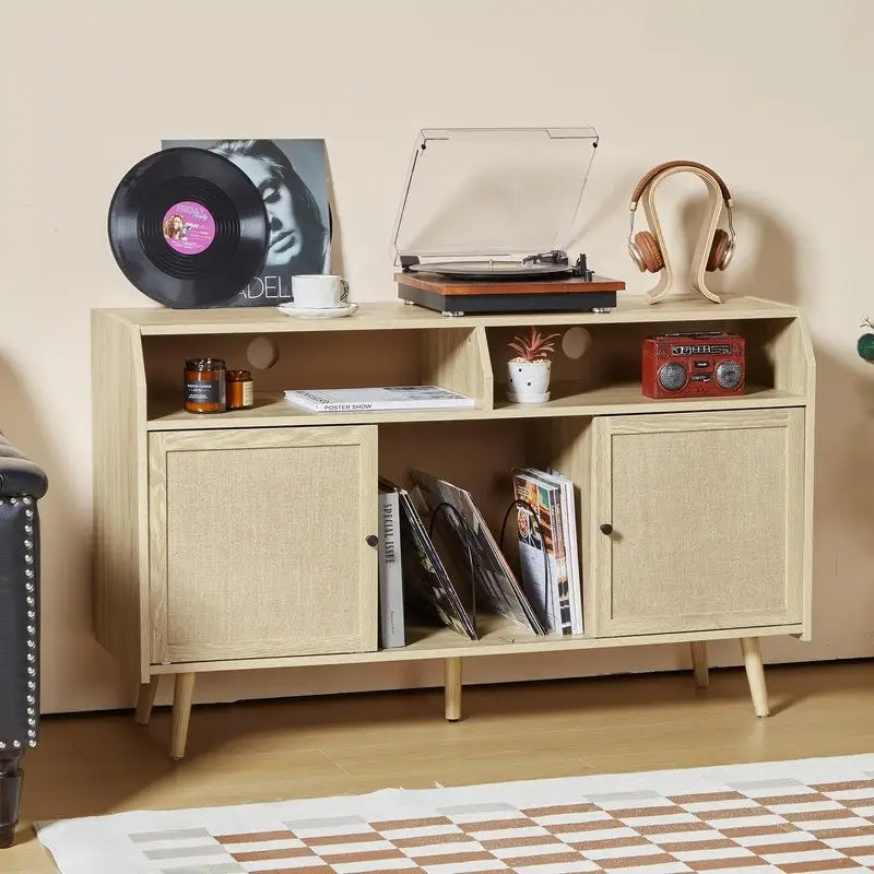 Wood Color & Walnut Brown Retro Record Player Stand with Storage, 48.42