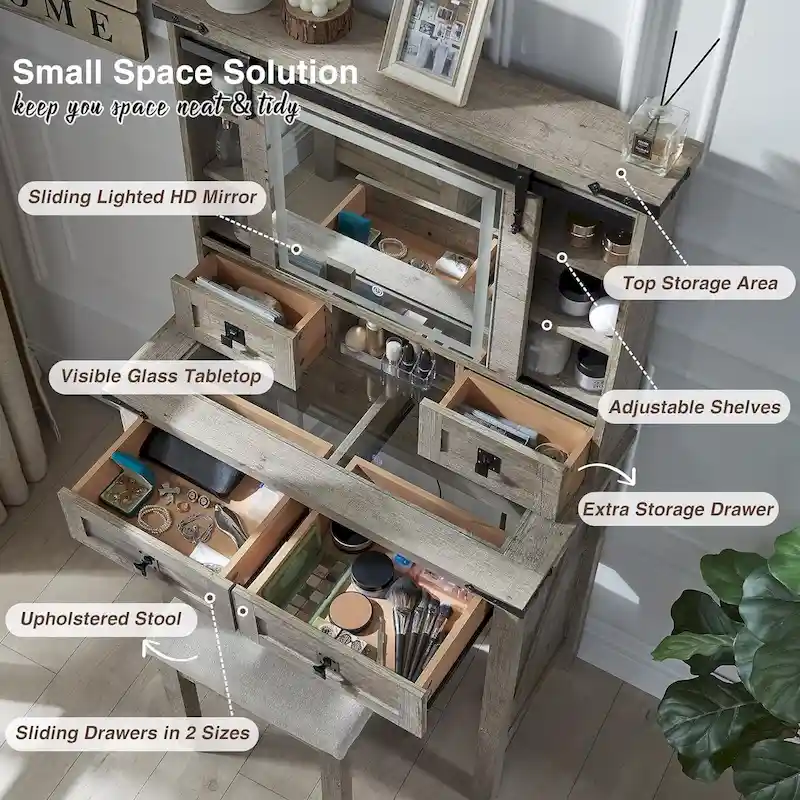 Farmhouse Makeup Vanity Desk, Vanity Dressing Table, Stool Included