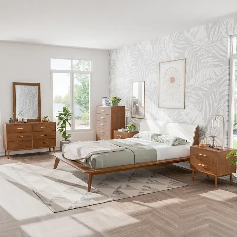 Beau Midcentury 6-Piece Boucle Wingback Queen Low Profile Bedroom Set