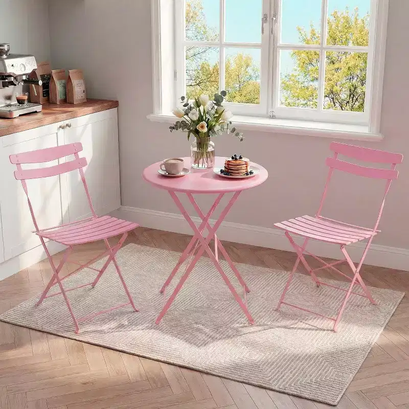GustoWave 3-Piece Foldable Metal Bistro Set With Round Table, 2 Chairs