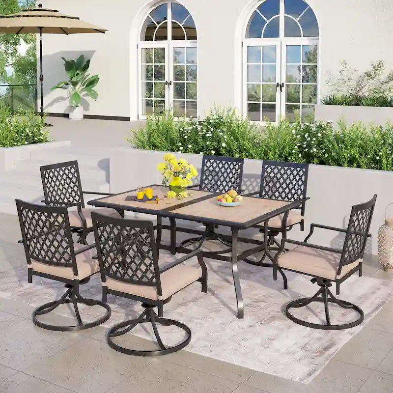 MAISON ARTS Outdoor Patio Dining Set with 6 Swivel Chairs and 1 Rectangular Umbrella Wood Like Table