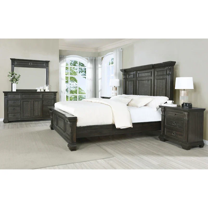 Dark Walnut Wood Panel Bedroom Set – Bed, Dresser, Mirror & 2 Nightstands (King/Queen, 2-Person)