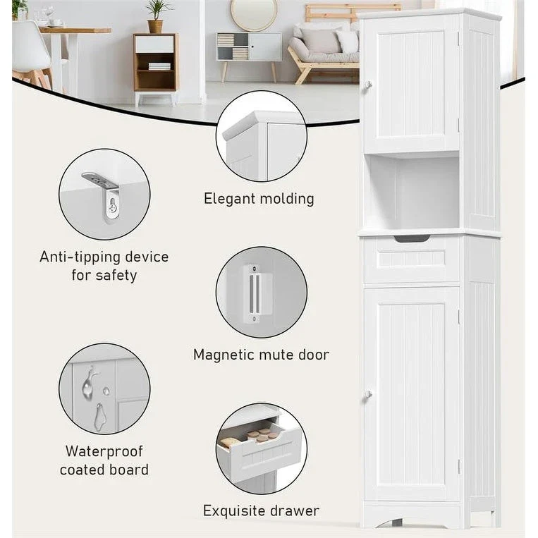 67 Tall 5-Tier Narrow Solid Wood Bathroom Linen Cabinet