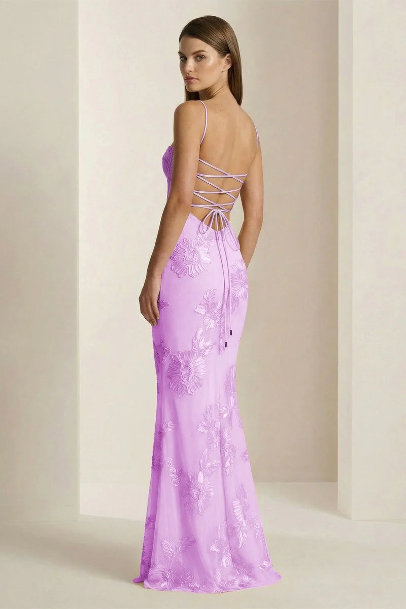 Yellow Spaghetti Straps Sheath Long Prom Dresses With Floral Embroidery