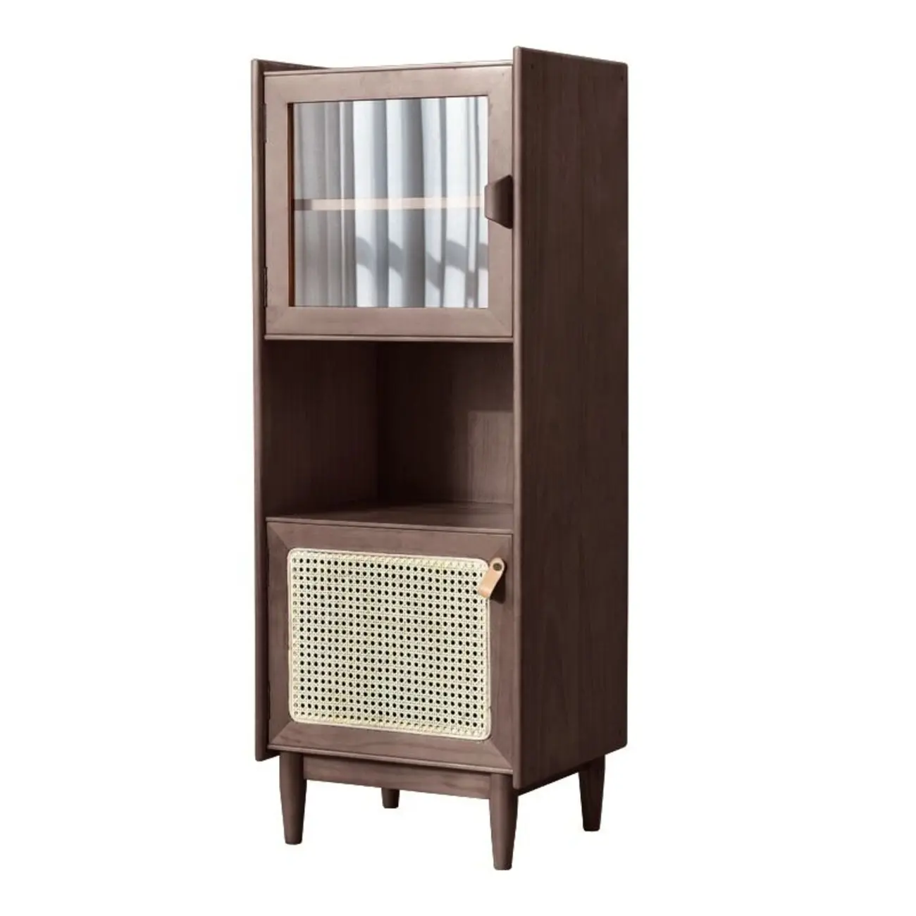 3-Tier Versatile Natural Cherry Wood Glass Rattan Utility Cabinet