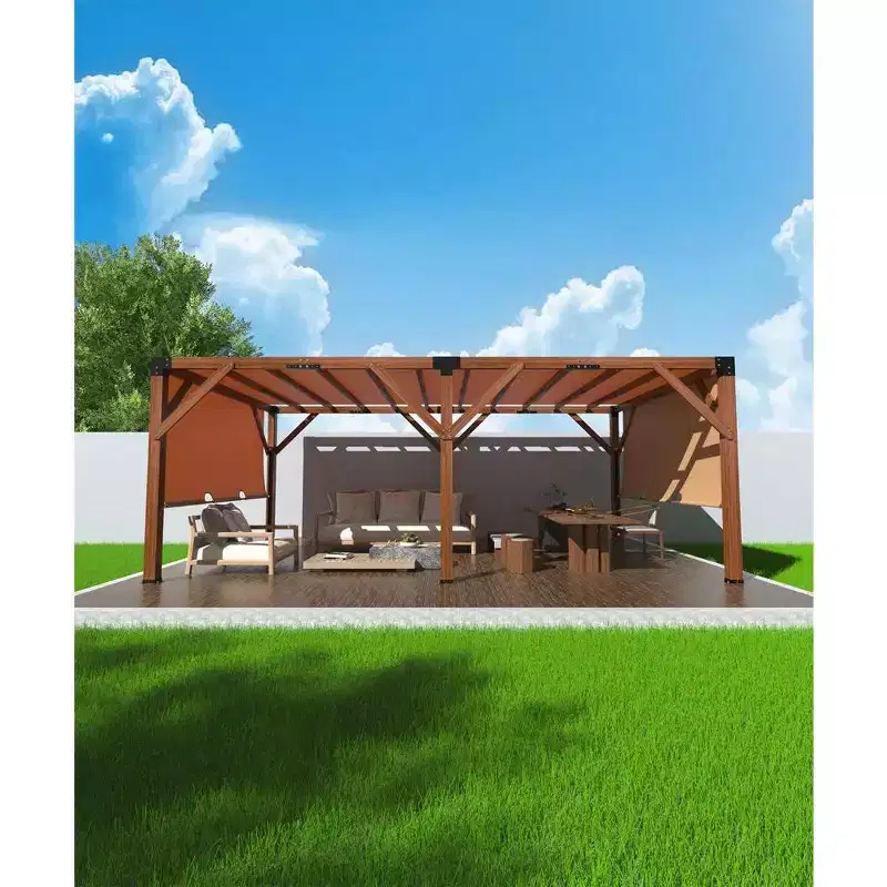12 X 20 FT Wood Pergola, Retractable Shade Canopy, Outdoor Wooden Pergola for Patio