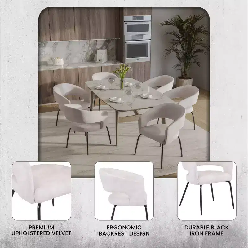 LeisureMod Dining Chair Upholstered in Velvet/Leather with Open Curved Backrest and Powder-Coated Iron Legs Gavin Collection Set of 2