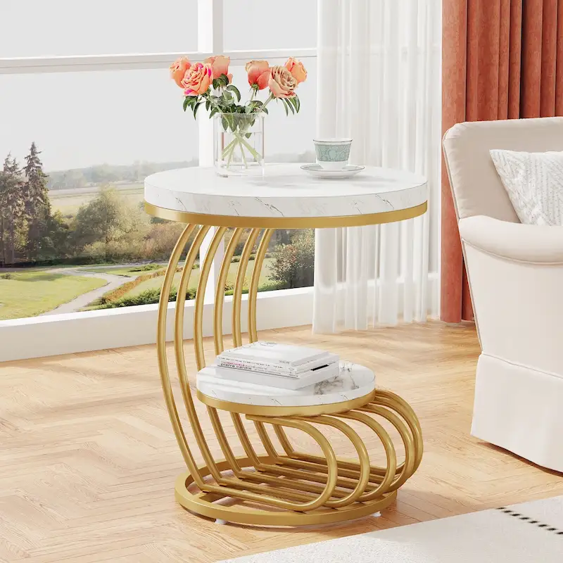 White & Gold / Dark Brown / Light Brown Round 2-Tier Side Table