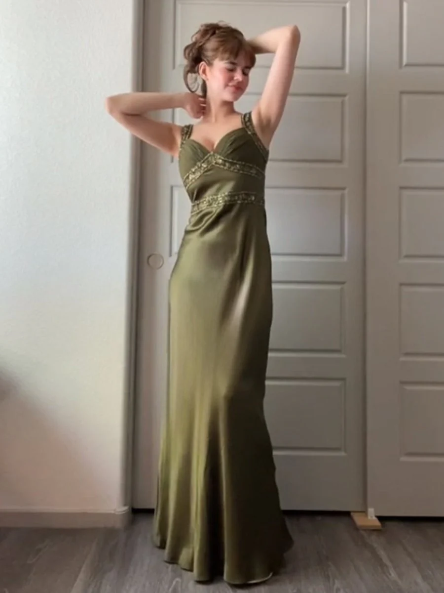 Olive Green Sheath Satin Beaded Long Prom Dresses