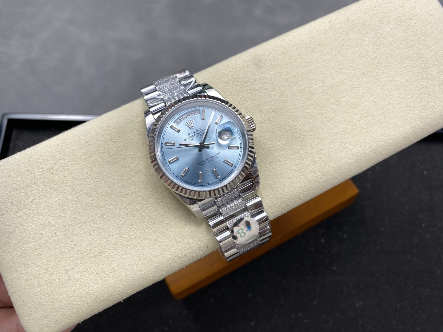 Clean Factory Day-Date 40 replica with ice blue dial, diamond bezel, and diamond bracelet powered by Shanghai 3255 clone movement