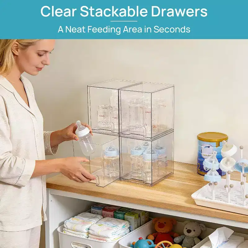 Vtopmart 4 Pack 7.6 H Plastic Clear Stackable Storage Drawers, for Vanity, Bathroom, Kitchen, Cabinet Organization