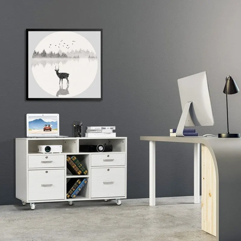 4-Drawer Mobile Wood File Cabinet with Shelves and Locking Wheels