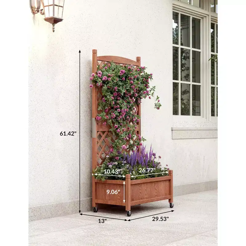 Tall Raised Garden Bed with Trellis & Wheels, Elevated Planter Box with Climbing Trellis, 4 Drainage Holes, Planter Container for Vine Climbing Plants