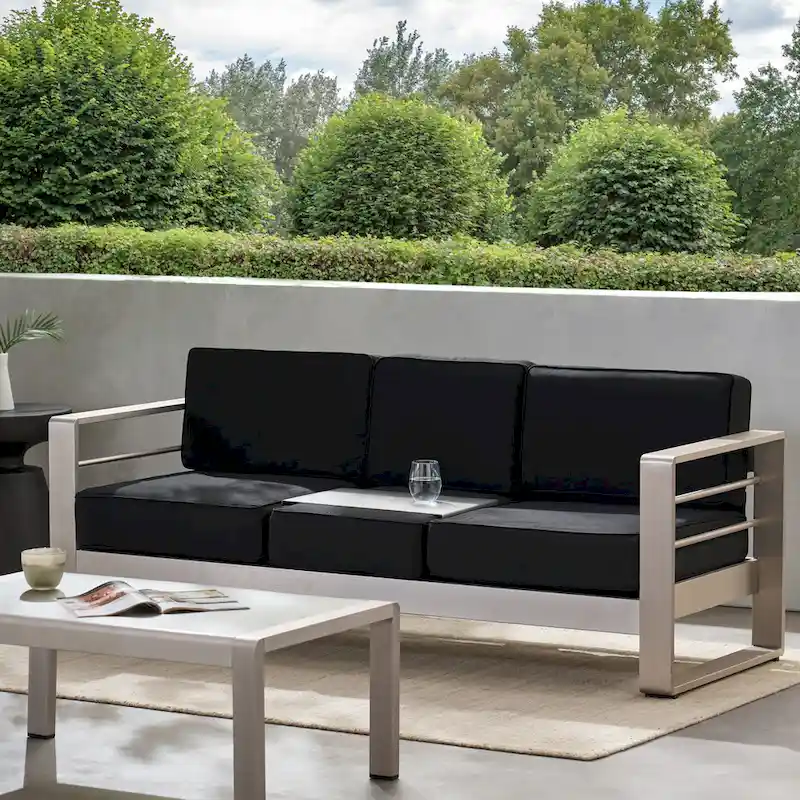 Cape Coral Aluminum and Sunbrella Outdoor 3 Seater Sofa with Cushions by Christopher Knight Home