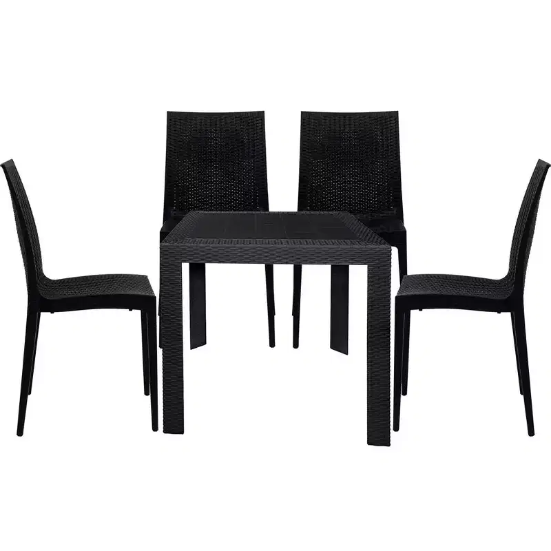 LeisureMod Mace 5-Piece Mid-Century Modern Outdoor Bistro Set - White Round Table with 4 Stackable Chairs