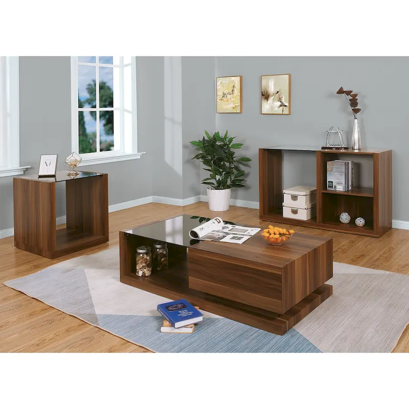 Modern Walnut 22-Inch Side Table with Glass-Inlaid Top and Single Shelf