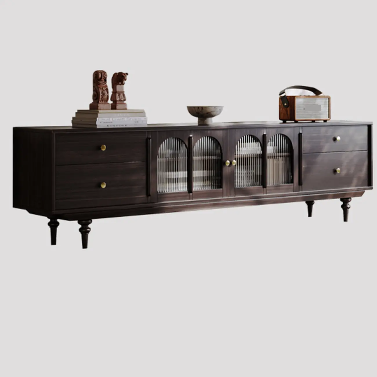 Long Modern Brown Wooden Storage TV Stand with Glass Doors