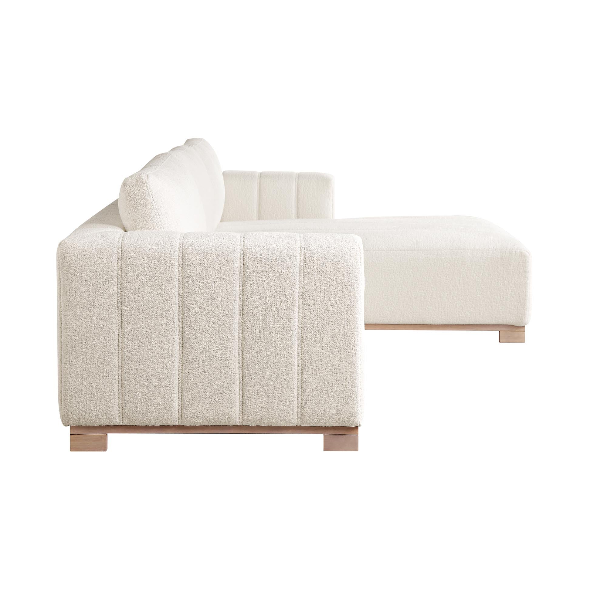 Beige Boucle Sofa with Wooden Base, Large Chaise Right Hand Facing