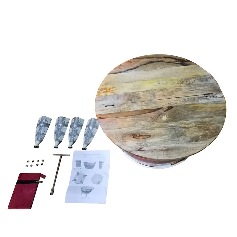 26 inch Accent Round Cocktail Table, Tub Like Iron Base, Brown, Gray, Washed White