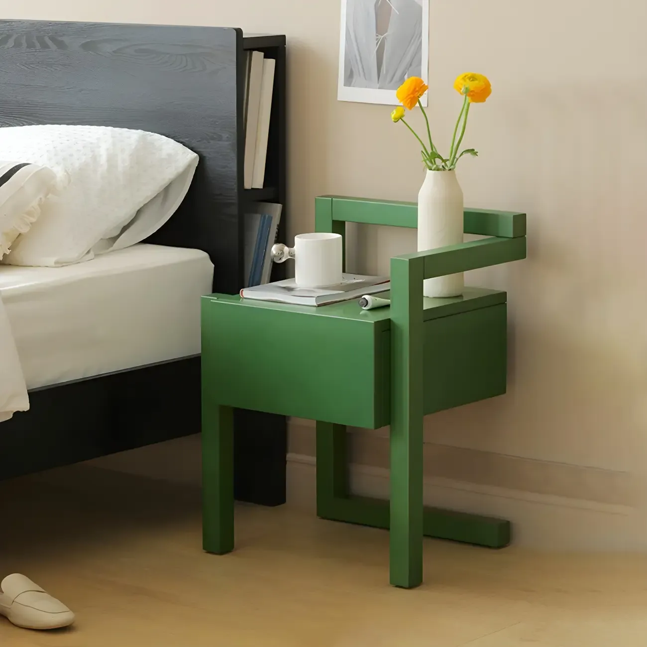 Green Wooden 1 Drawer Narrow Bedroom Nightstand
