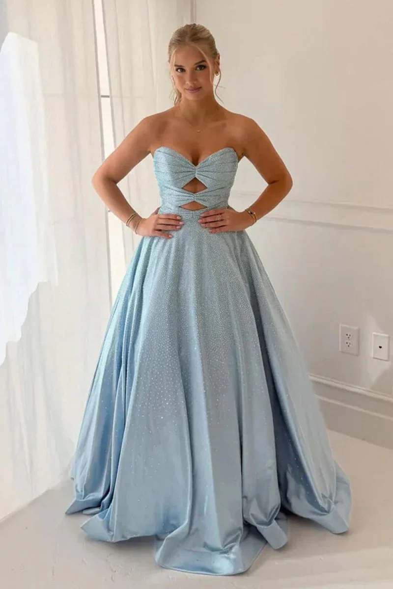 Sky Blue Strapless A Line Satin Beaded Long Prom Dresses With Cutout