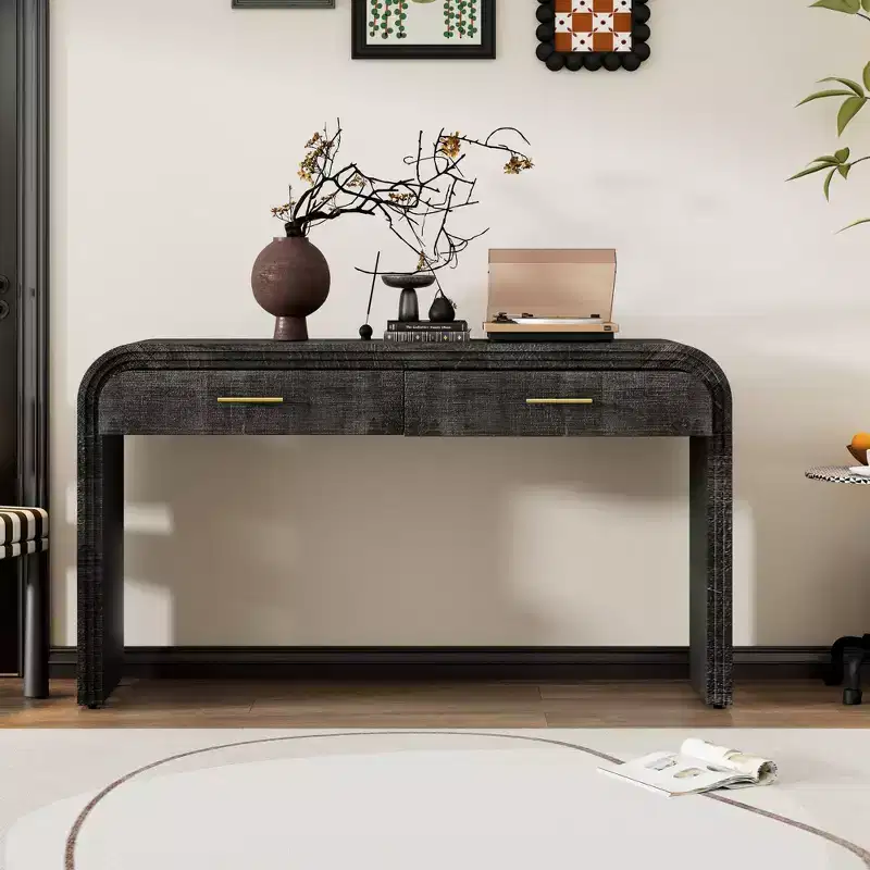 Curved Console Table with 2 Drawers for Entryway, Wood Minimalist Entryway Table with Stroage for Living Room
