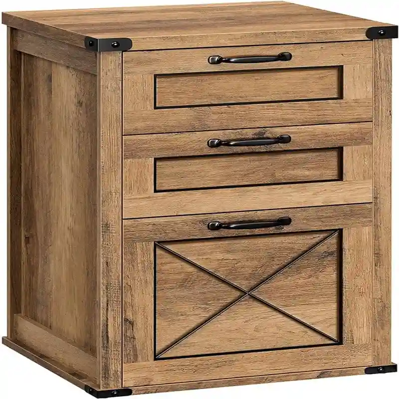 Honey Brown/Rustic White Farmhouse Particleboard File Cabinet with 3 Drawers & Barn Doors