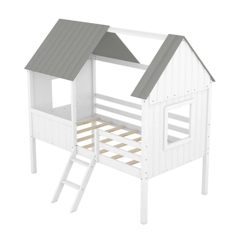Low Loft Wood House Bed with 2 Side Windows