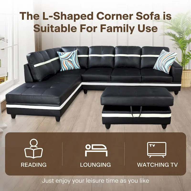 L-Shape Semi PU Leather Living Room Sofa Set with Ottoman,3-Piece