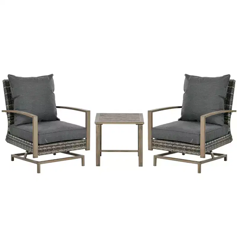 Outsunny 3-Piece Patio Bistro Set, PE Rattan Wicker Outdoor Furniture with Soft Cushions, 2 Rocking Chairs, Slatted Coffee Table
