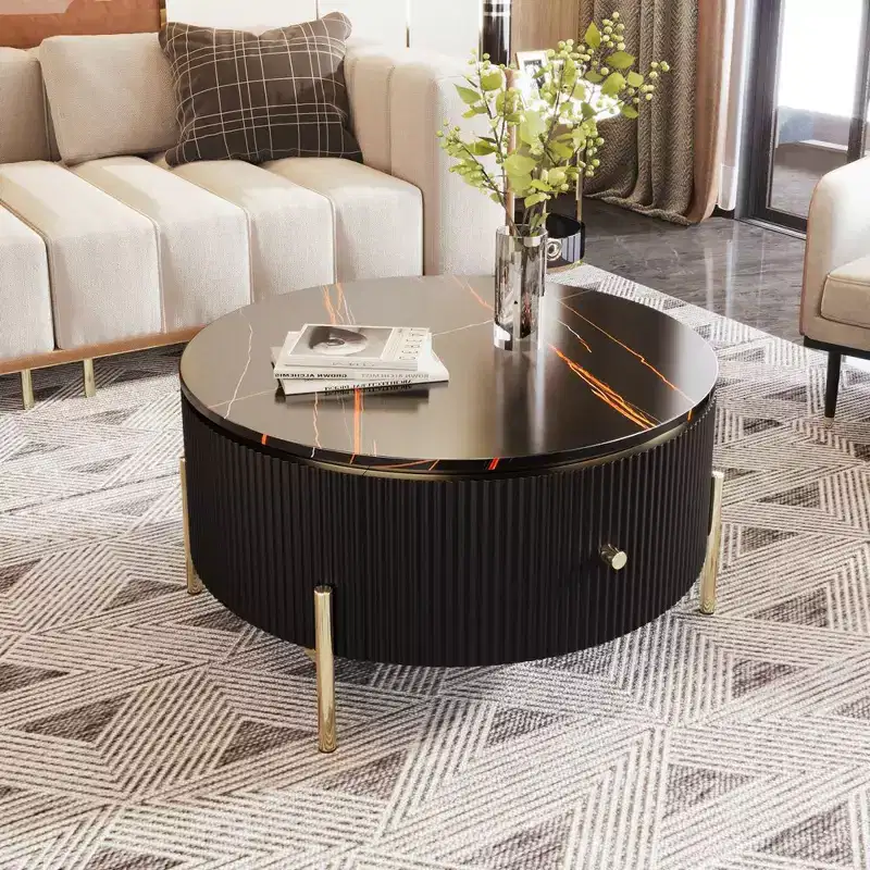 31.5 Modern Round Coffee Table, Accent Table with Marble Pattern Tabletop, Center Sofa Table for Living Room Apartment Office Balcony
