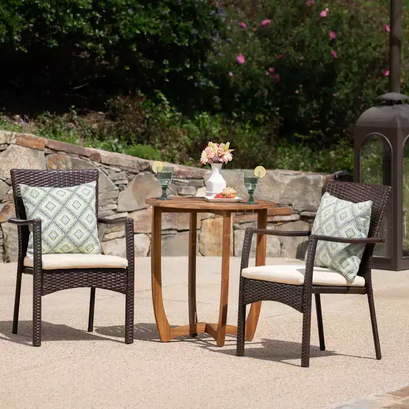 Christopher Knight Home Sloane Outdoor Acacia Wood and Wicker 3 Piece Bistro Set with Cushions