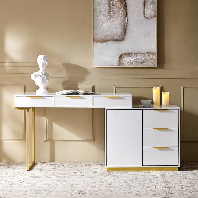 Modern Office Desk with 6 Drawers, Configurable Cabinet, Built-in Cable Management & Power Outlet | White | Single