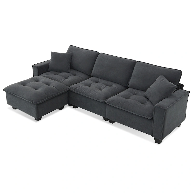 100 L-Shaped Convertible 4 Seater Sectional Sofa with Removable Ottoman and Matching Pillows, Suede Velvet Upholstery