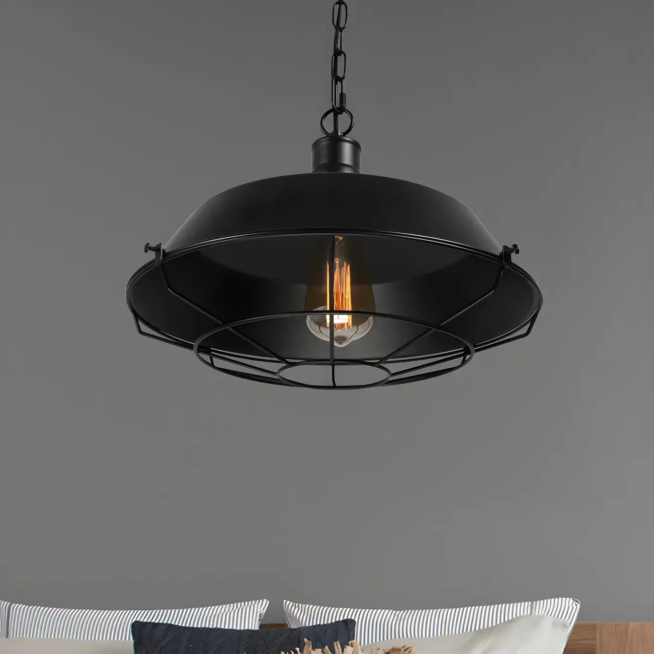 Industrial Black Metal Cap Caged Pendant Light