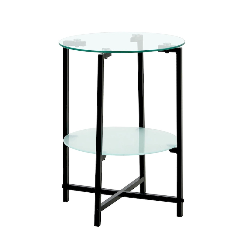 2-layer Round Tempered Glass End Table/Coffee Table with Iron Frame