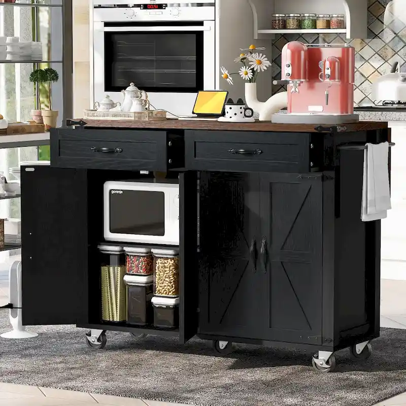53.5 Farmhouse Kitchen Island - Power Outlet, Drop Leaf, Spice Rack, Drawer, Rolling Cart on Wheels