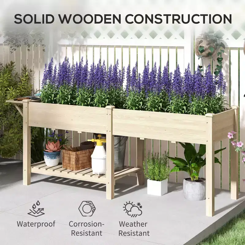 Outsunny Raised Garden Bed, Wood Elevated Planter Box with Side Table, Bottom Shelf, Bed Liners and Drainage Holes