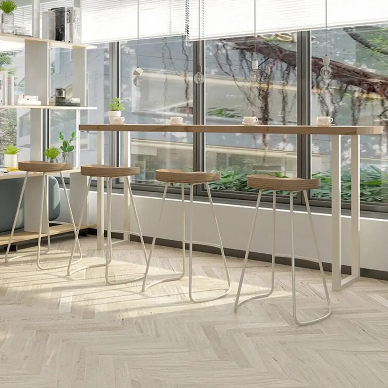 Natural Wooden Rectangular Long Bar Table with White Metal Frame for Indoor Use