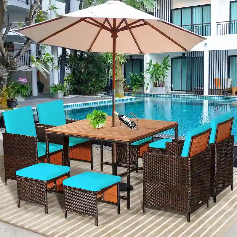 Costway 9PCS Patio Rattan Dining Set Cushioned Chairs Ottoman Wood - See Details