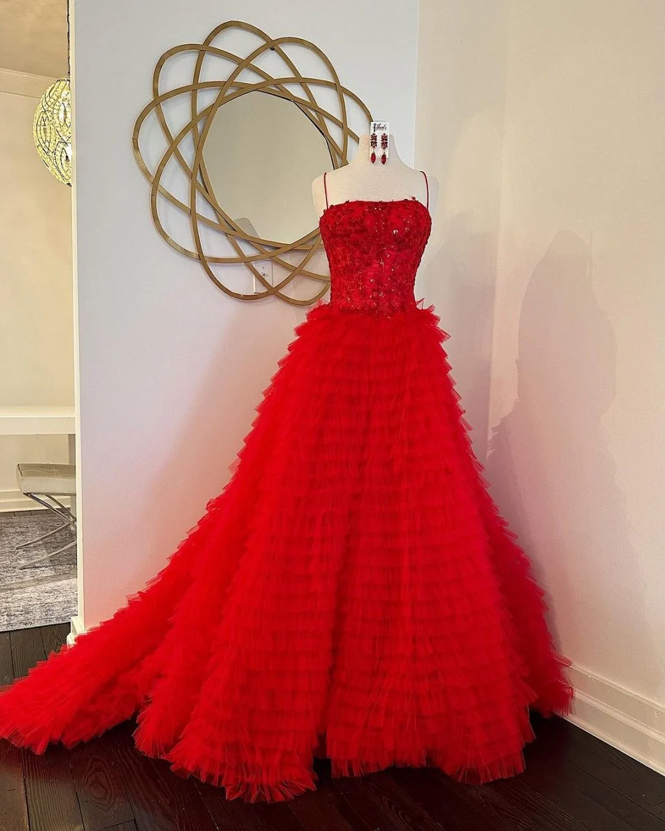 A-Line Tiered Sequins Tulle Long Prom Dress